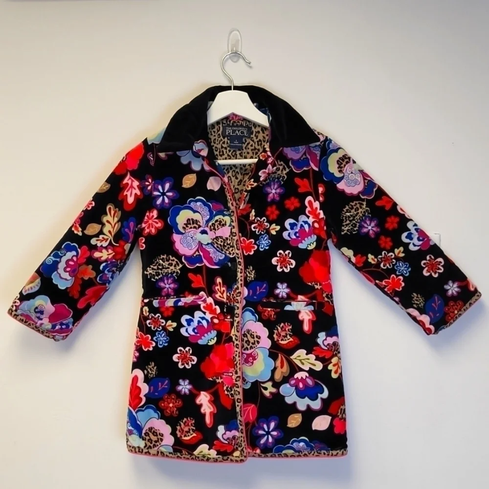 Children' Place Black Multicolored Floral Velvet Peacoat Leopard Details S 5/6